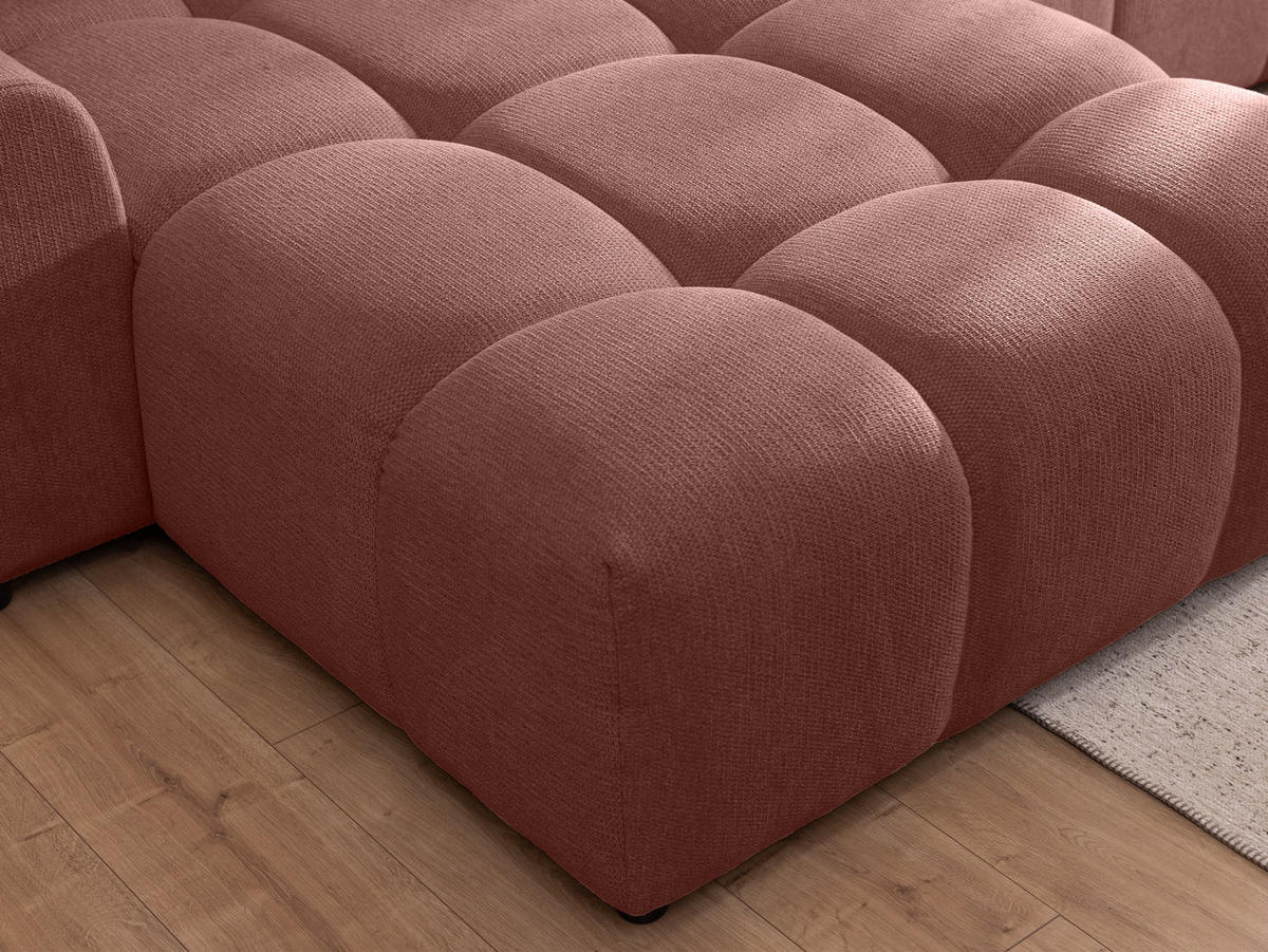 ECKSOFA inkl. Hocker Bubble mit Schlaffunktion und losen Rückenkissen, Sitzfläche Bubble-Optik aus weichem Terrakotta Strukturstoff - Ottomane Links - Terracotta/Schwarz, Holz/Kunststoff (180/306cm) - S-Style Möbel