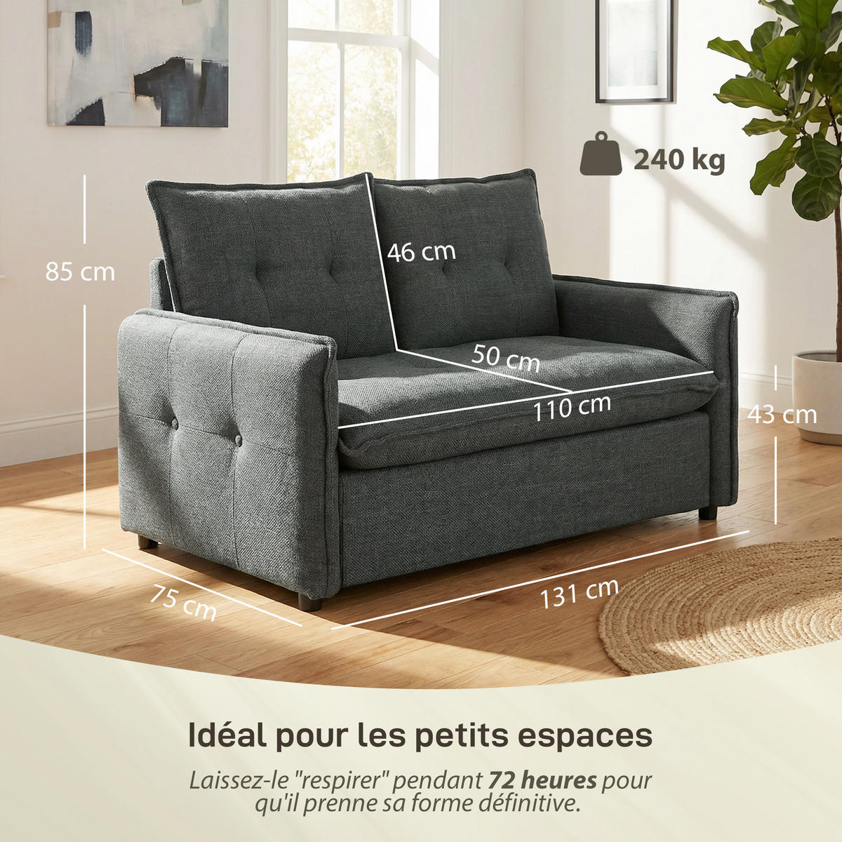 SOFA, 2-Sitzer, 131cm, Leinenstoff, Federkernkissen, dunkelgrau - Multicolor, Holzwerkstoff (131/85/75cm) - FORIOUS