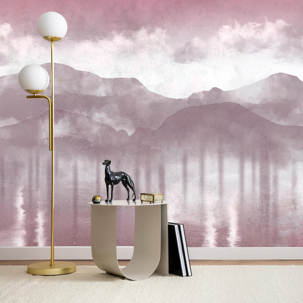 FOTOTAPETE Neblige violette Landschaft Berge 150x105 - Violett/Rosa, Papier (150/105cm) - Muralo