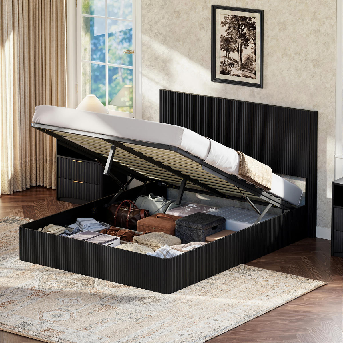 POLSTERBETT 160x200 cm Stauraum hydraulisch schwarz - Schwarz, Holzwerkstoff (160/200cm) - LEBENLANG