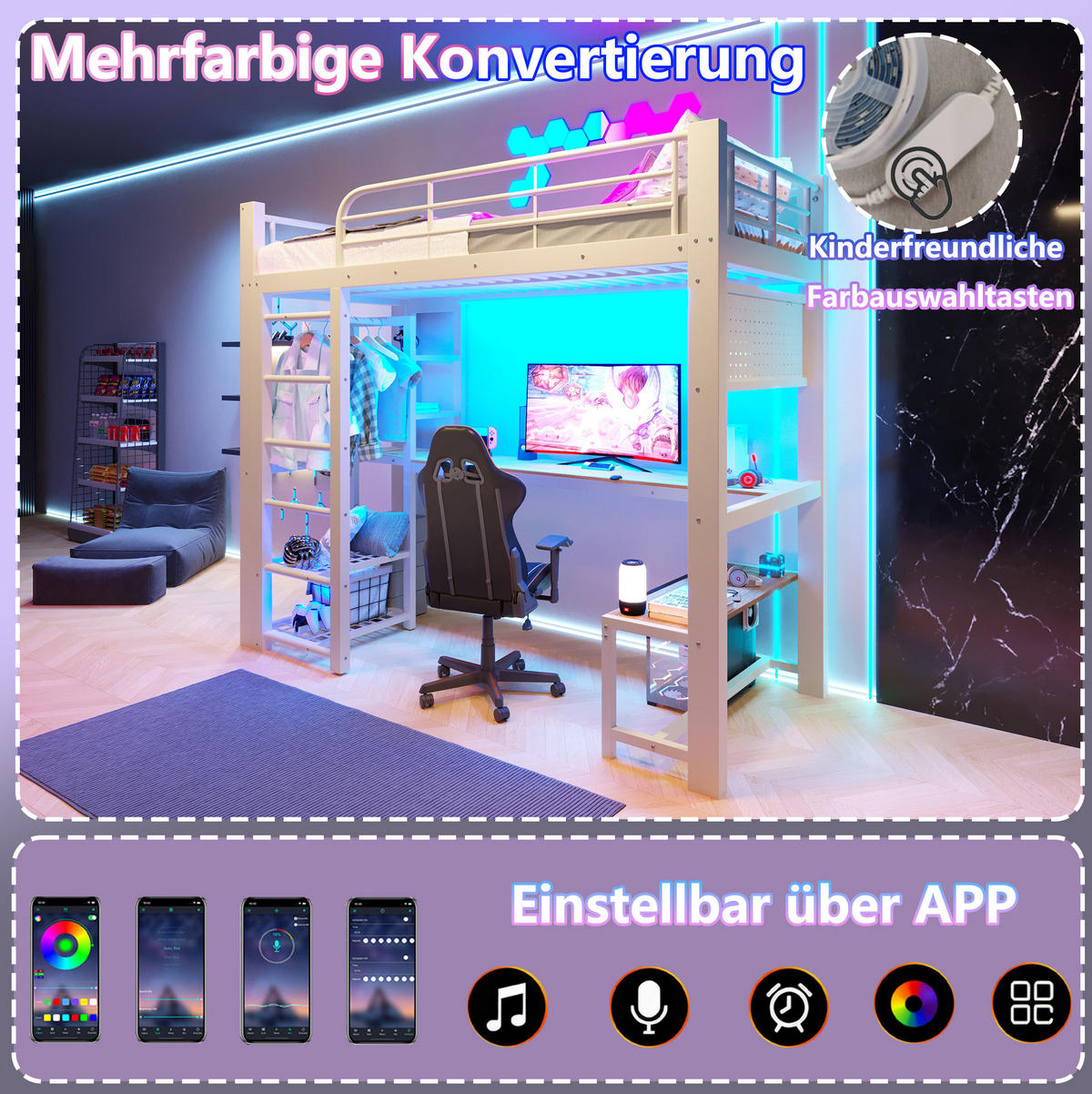HOCHBETT 90/200 cm Weiß mit LED, Schreibtisch und Stauraum ohne Matratze - Weiß, Metall (90/200cm) - MIVRAY
