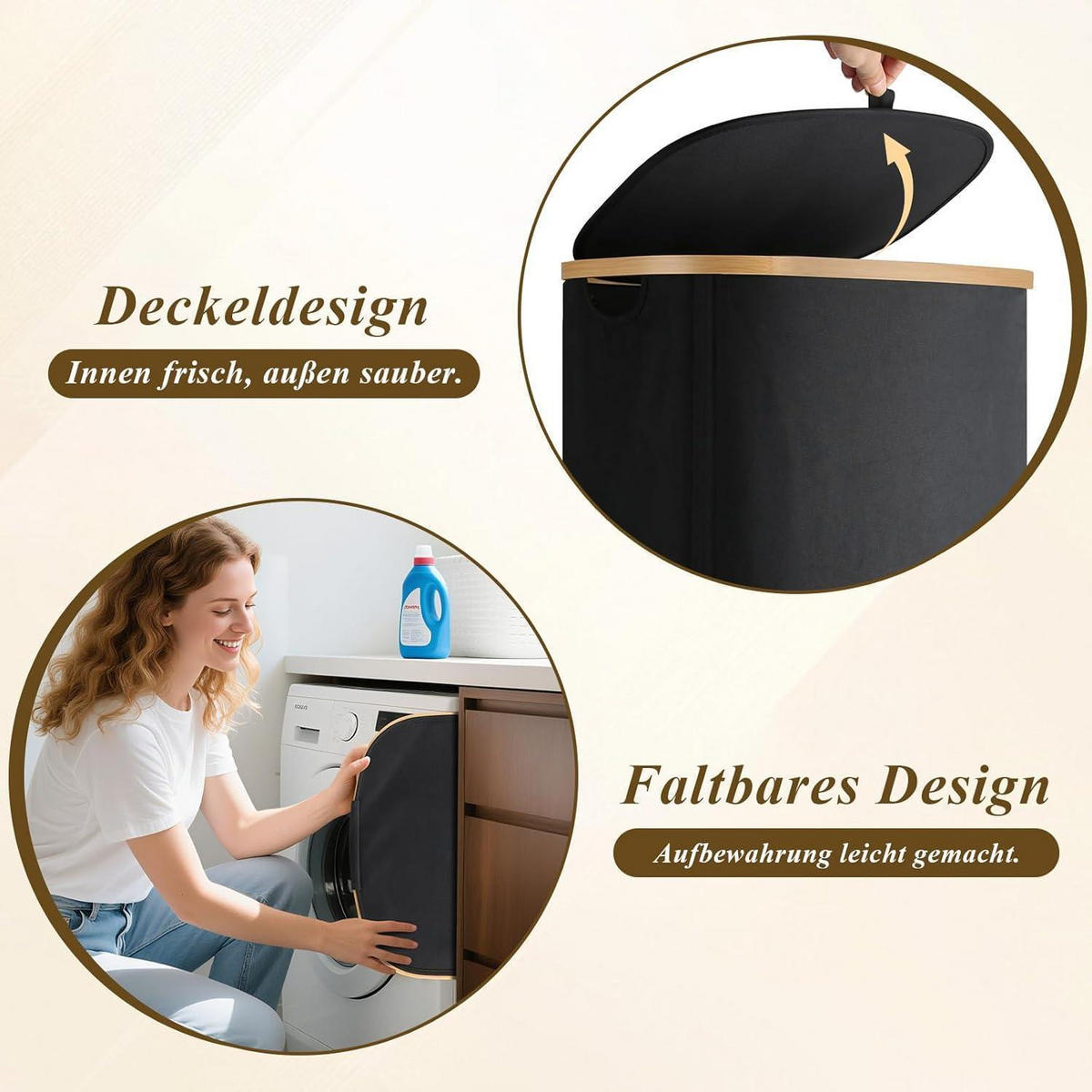 WÄSCHEKORB 80L Bambus mit Deckel Tiefschwarz - Schwarz, Naturmaterialien (33/56/44cm)