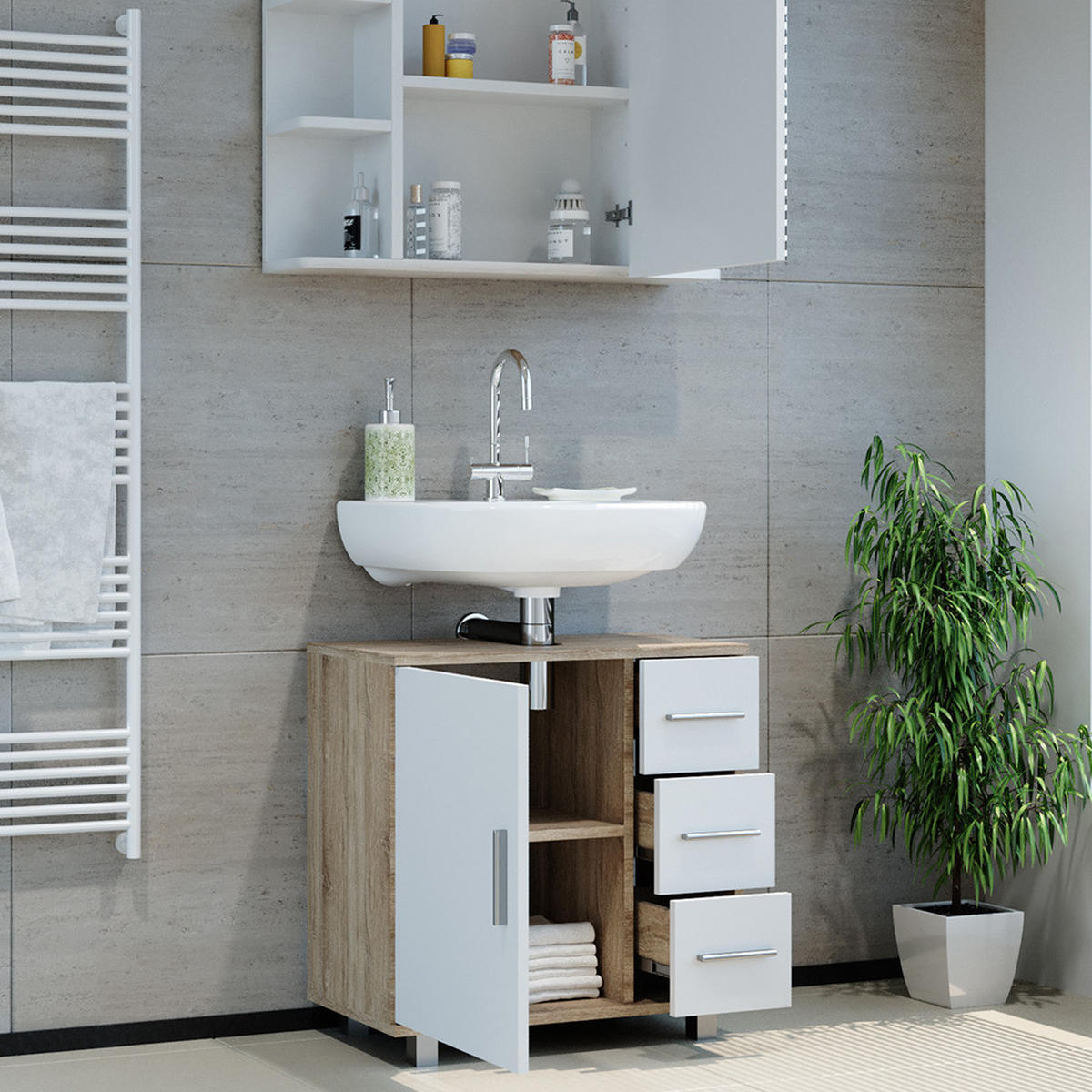 BADMÖBEL-SET Ilias Sonoma 2 Teile - Weiß/Sonoma Eiche, Holzwerkstoff (60/60.8/33cm) - Vicco