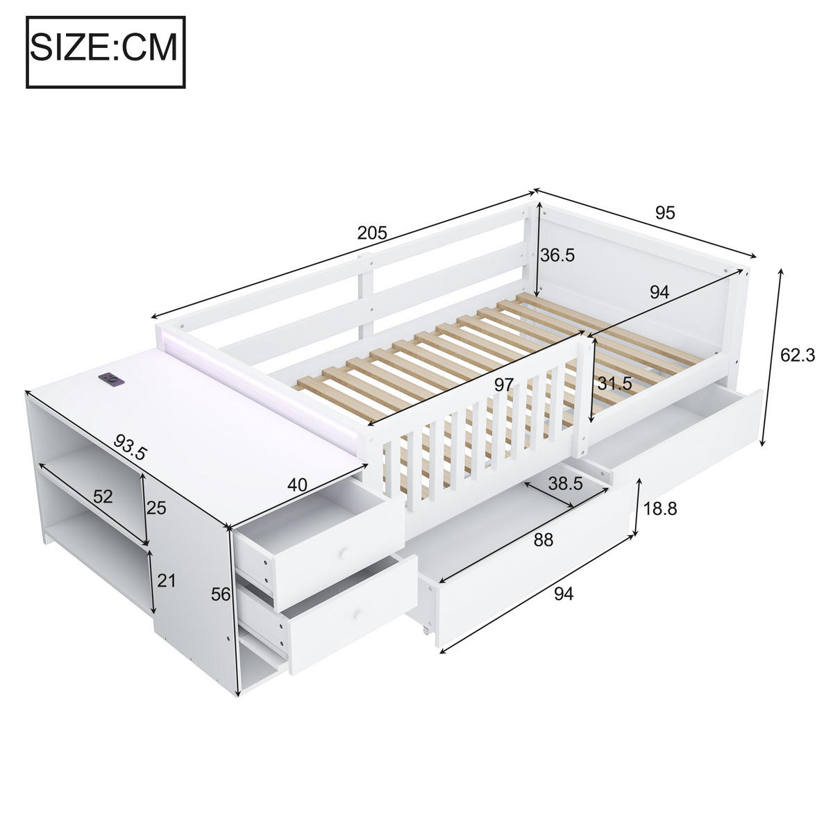 KINDERBETT 90/200 cm in Weiß mit 2 Schubladen, Regalen, Klapptür, Steckdose und LED aus Holz - Weiß, Holzwerkstoff (90/200cm) - STILVORA