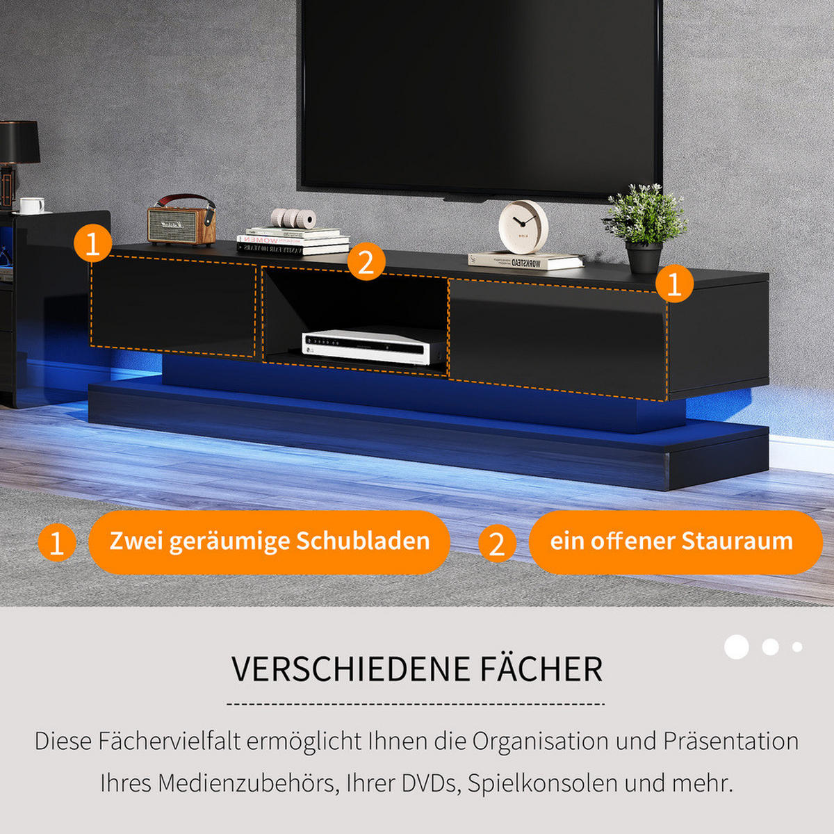 TV-STÄNDER 160x35cm Hochglanz LED-Beleuchtung App-Steuerung Schwarz 2 Schubladen - Schwarz, Holz (45.5/11.5/171cm) - FLIEKS