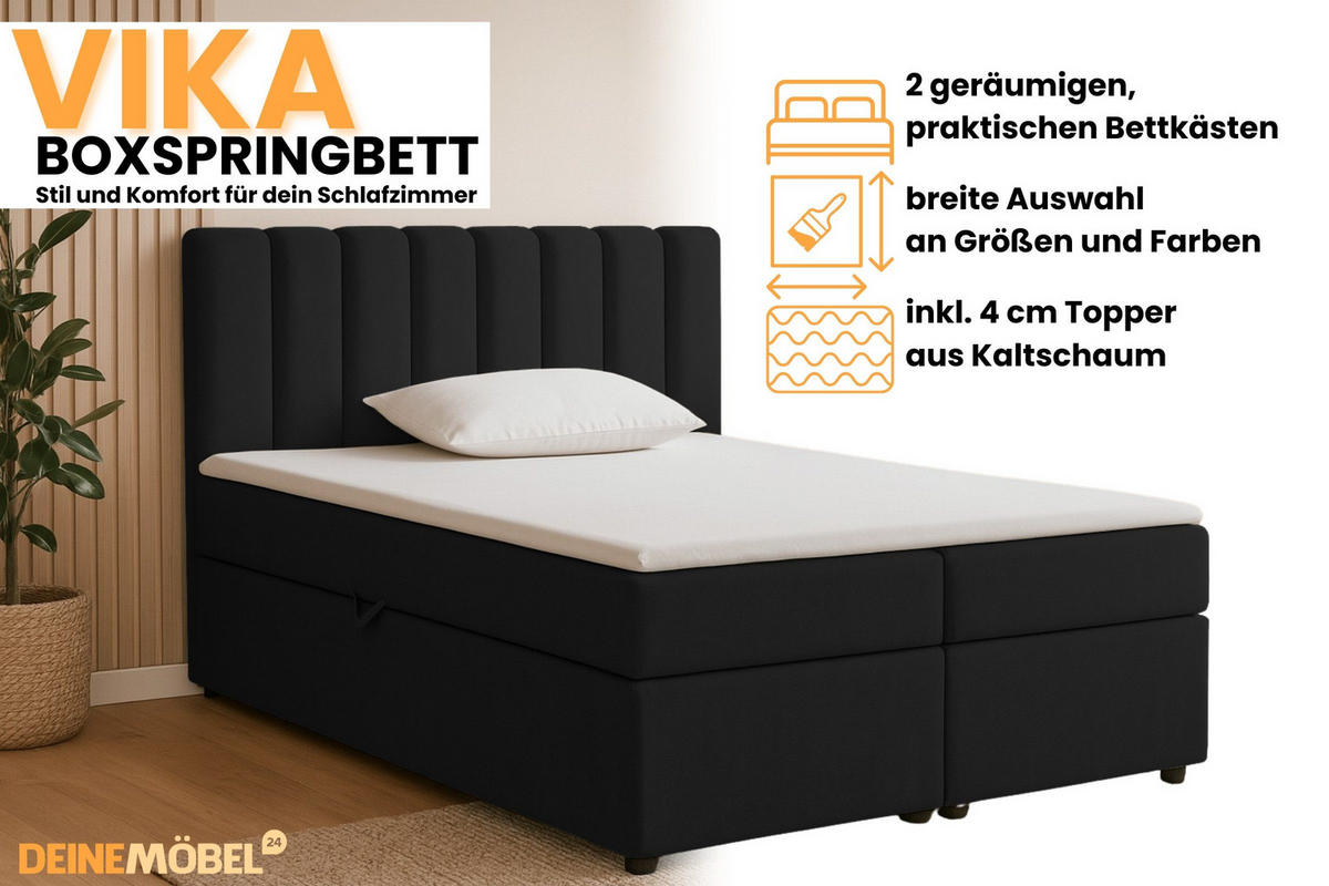 BOXBETT VIKA 200/200 in Velours Schwarz H3 - Schwarz, Holz/Holzwerkstoff (200/200cm) - Deine Möbel 24