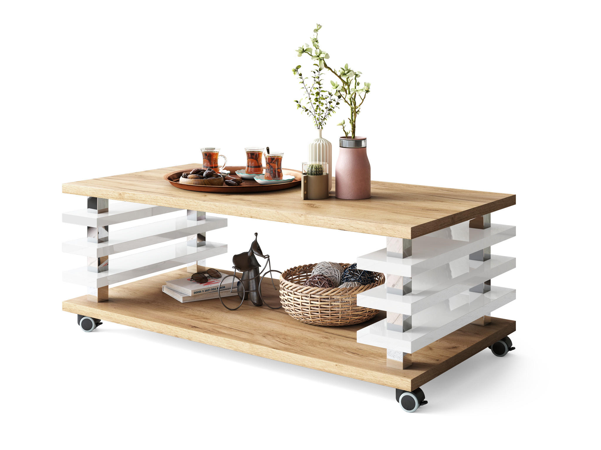 designimpex Couchtisch Eiche, Weiß Hochglanz 120x45x60 cm
