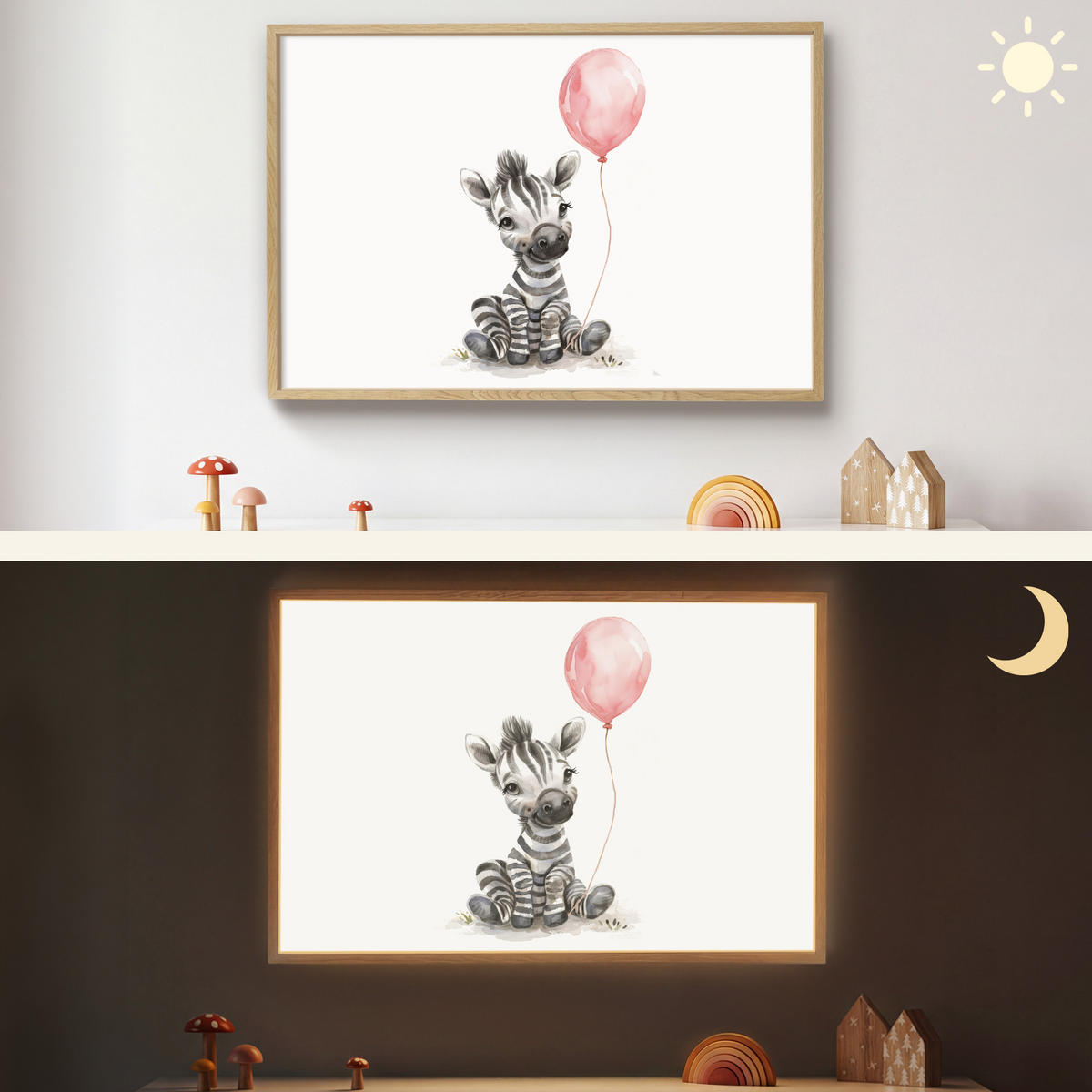WANDLEUCHTE MIT AKKU Zebra - Baby - Tiere - Rosa Luftballon 100x70 cm - Weiß, Holzwerkstoff (100/70/8cm) - OnlyWow