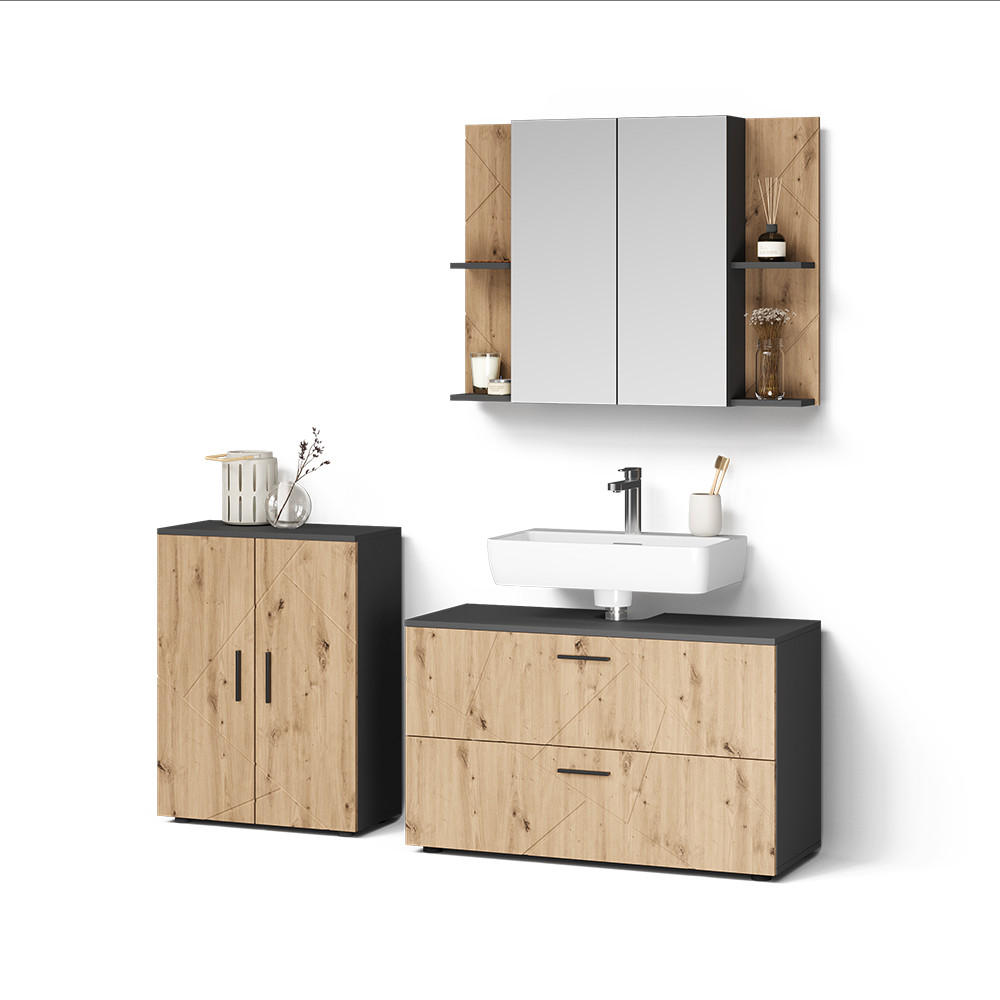 BADMÖBEL-SET Ronco, Anthrazit/Artisan-Eiche, 3-teilig - Anthrazit/Eiche Artisan, Holzwerkstoff (100.1/60.6/41cm) - Livinity®