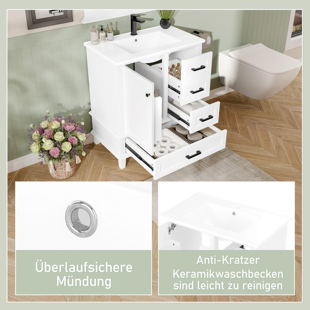 WASCHTISCHKOMBI mit Keramikbecken 76x46x83.5cm in Weiß, 1 Schublade & 3 Türen - Weiß, Holzwerkstoff (76/83.5/46cm) - Modfu