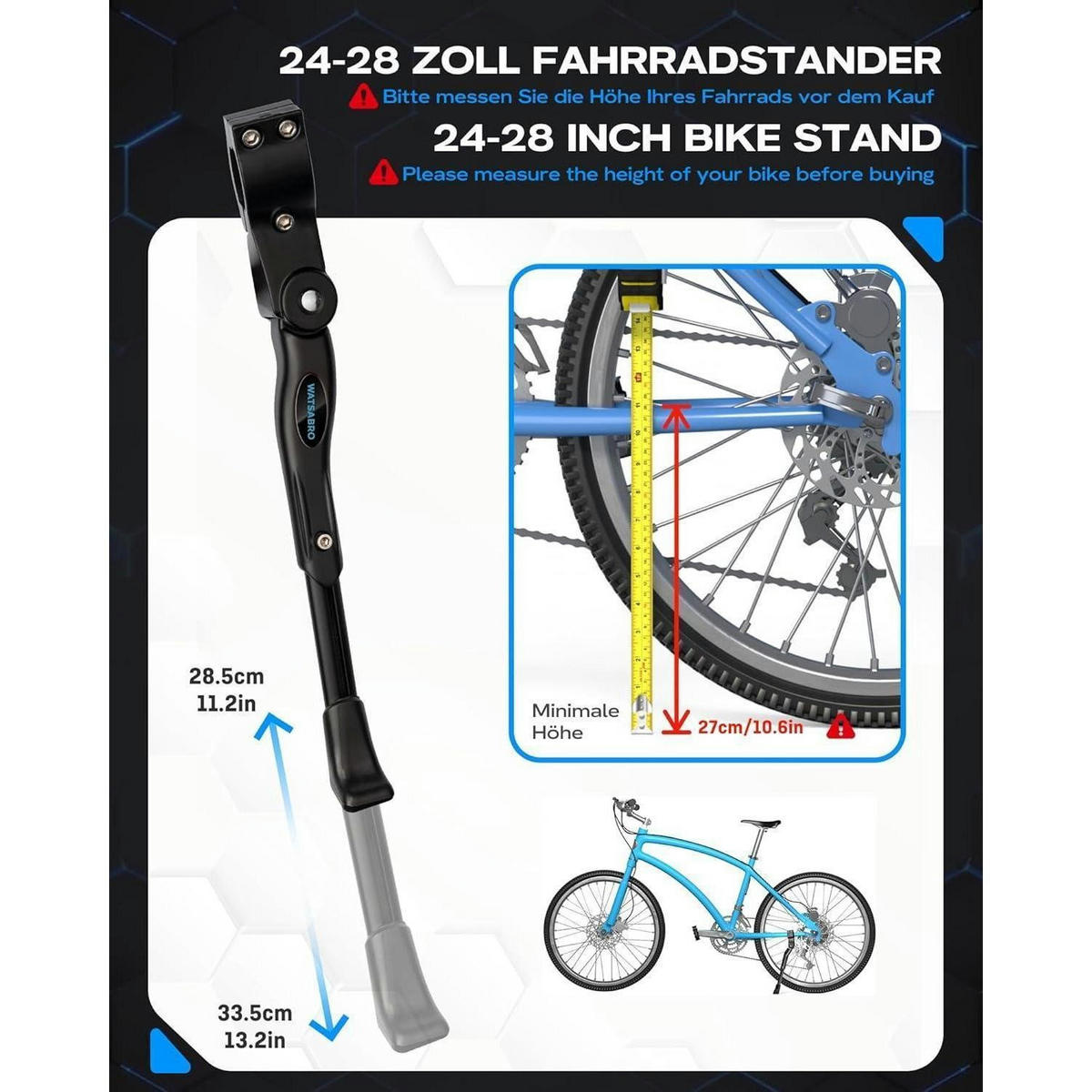 FAHRRADSTÄNDER Universal Seitenständer 24-28 Zoll Höhenverstellbar Aluminiumlegierung Blauschwarz - Schwarz, Metall (2.8/1.5/33.5cm)