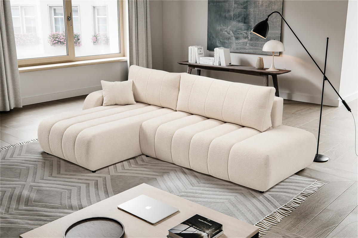 ECKSOFA Baloo mit Schlaffunktion und Bettkasten, komfortable Polsterung, Stoffbezug, lose Rückenkissen, freistehend, LINKS, 176x276x88 cm, Cream - Creme, Holz/Textil (176/276cm) - DomoHome
