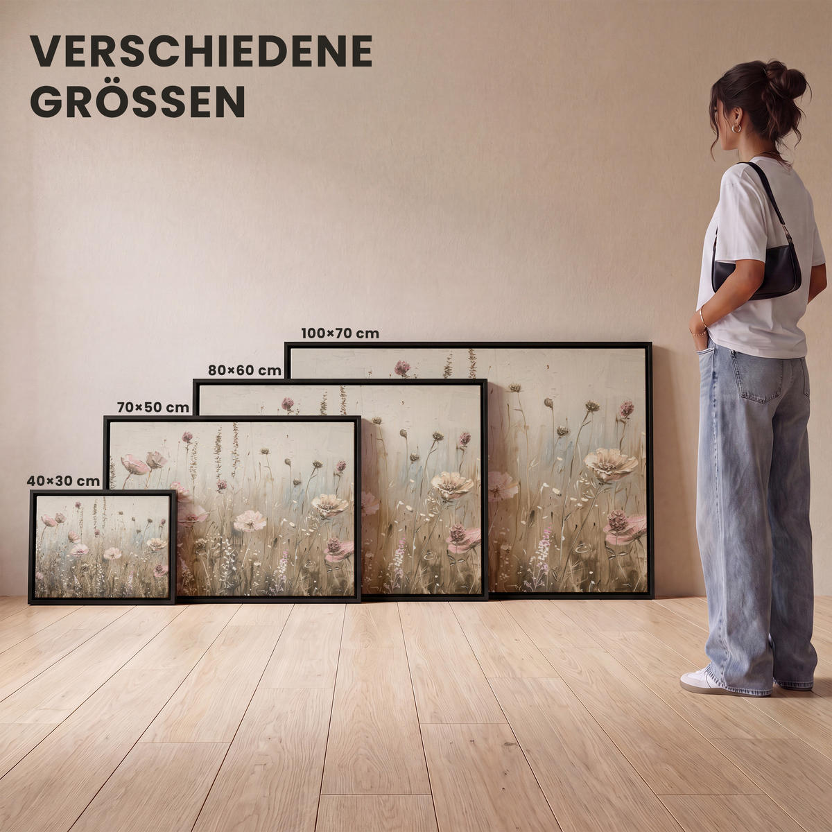 LEINWAND Bilder mit Rahmen - Blumen - Rosa - Modern - Beige - 70x50 - Beige, Textil (70/50cm) - MuchoWow