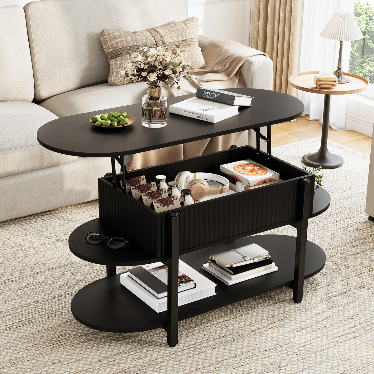 HÖHENVERSTELLBARER COUCHTISCH schwarz mit großem Stauraum - Schwarz, Holz (106/38/50cm) - SHOPENTRA