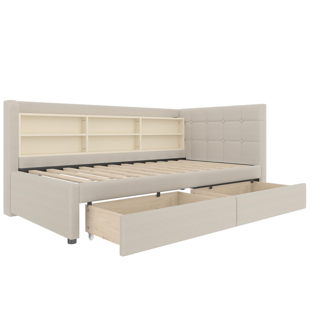 POLSTERBETT 90/200 cm Beige mit 2 Schubladen und USB- und Type-C-Anschlüssen - Beige, Textil (90/200cm) - Flora Grace