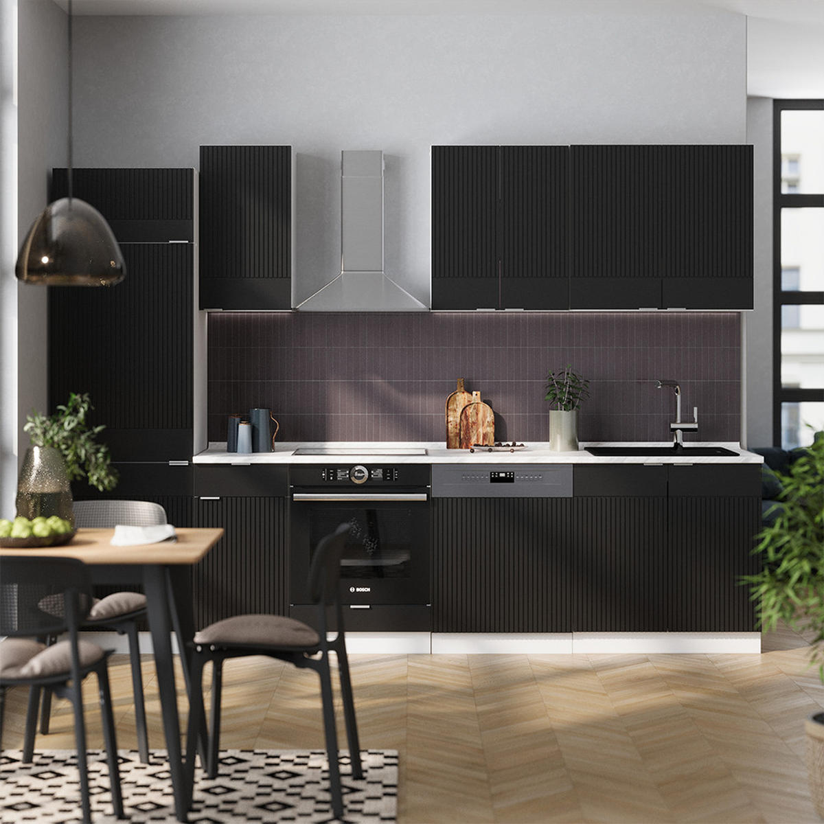 KÜCHENZEILE Fame-Line, Schwarz gestreift/Weiß, 300 cm, AP Eiche - Schwarz/Weiß, Holzwerkstoff (300/81.6/60cm) - Vicco