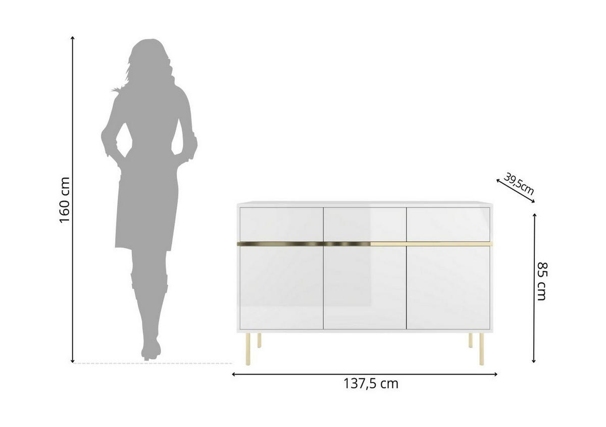 SIDEBOARD Marika, Weiß, Gold, Hochglanz - Goldfarben/Weiß, Holzwerkstoff/Metall (137.5/85/39.5cm) - Dancan