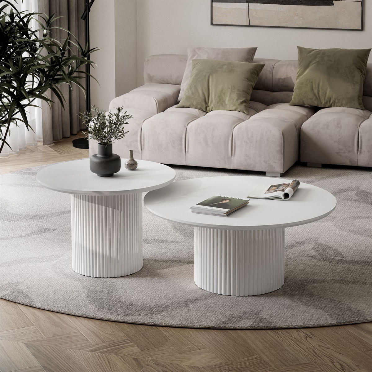 COUCHTISCH-SET OVI mit geriffeltem Sockel - Weiß, Holzwerkstoff (80/80/42cm) - Lookway