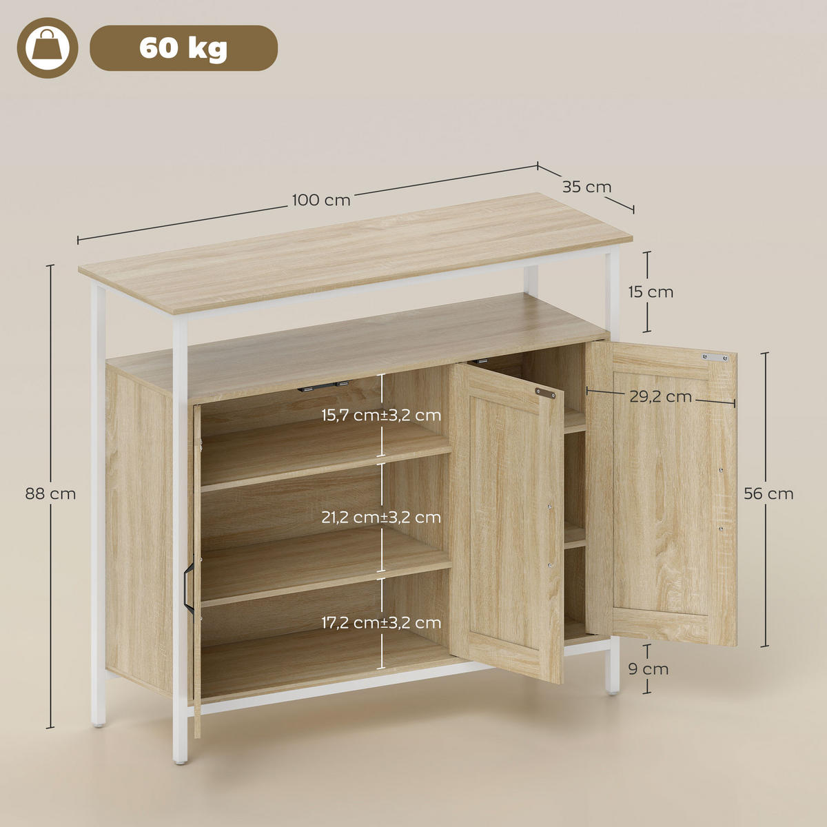 SIDEBOARD DE-11207 3 Türen Naturholz - Naturfarben, Holzwerkstoff (100/88/35cm) - ComfortXL