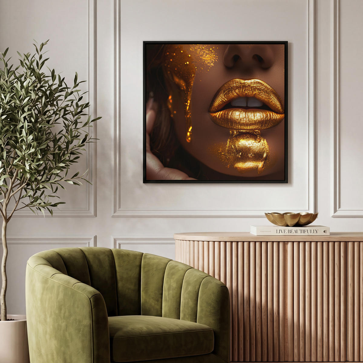 LEINWAND Bilder mit Rahmen - Frau - Gold - Luxus - Porträt - 50x50 - Goldfarben, Textil (50/50cm) - MuchoWow