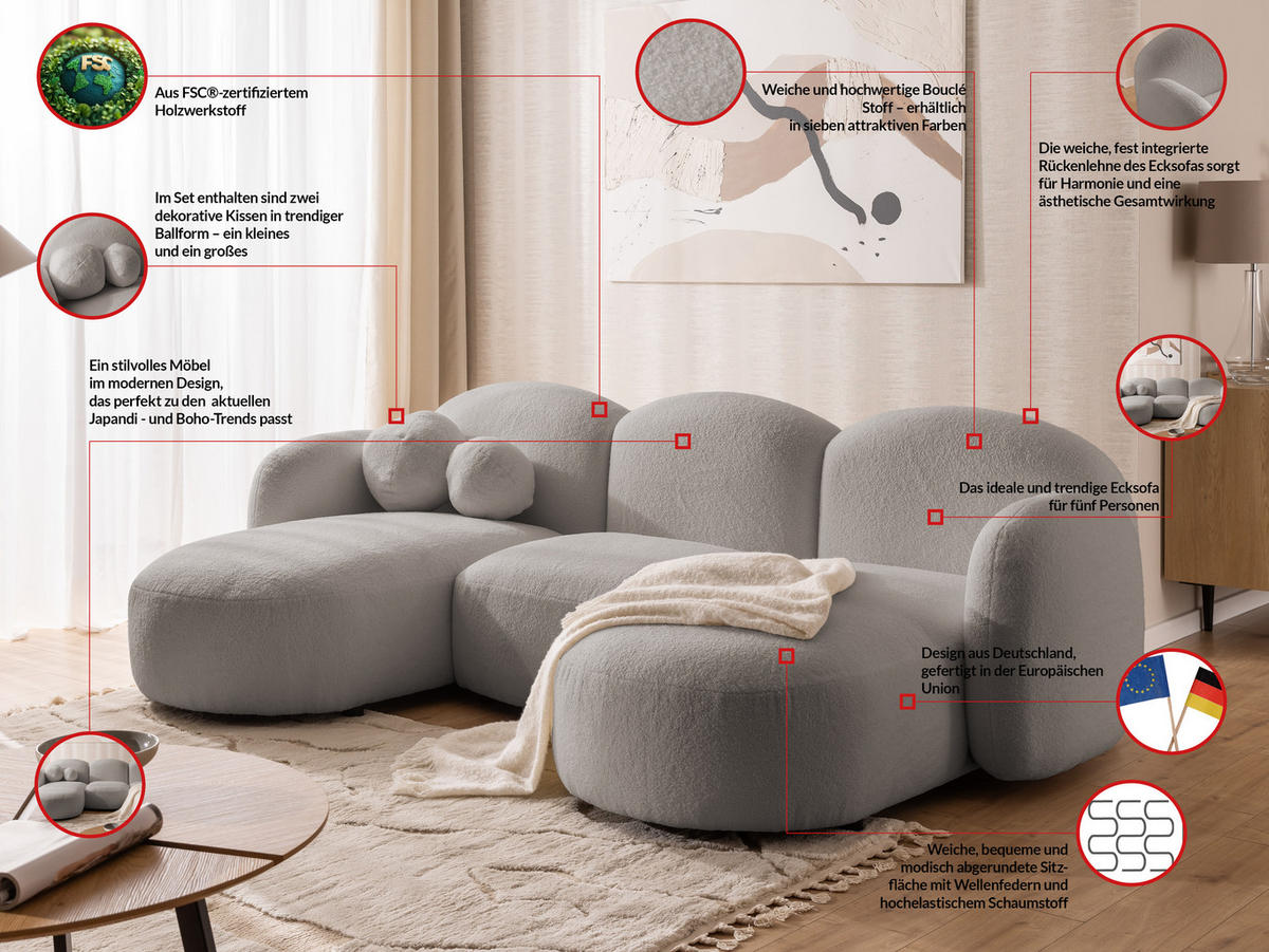 WOHNLANDSCHAFT Nuvola mit abgerundetem Design Hellgrau Bouclé-Stoff - Hellgrau/Schwarz, Holz/Kunststoff (268/80/146cm) - S-Style Möbel