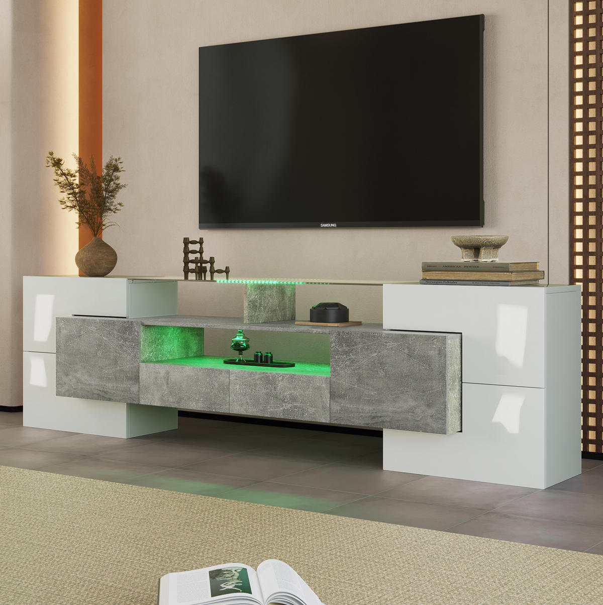 TV-LOWBOARD 200/35/60 cm mit LED-Beleuchtung und 2 Schubladen - Weiß, Holzwerkstoff (200/60/35cm) - BEAOK