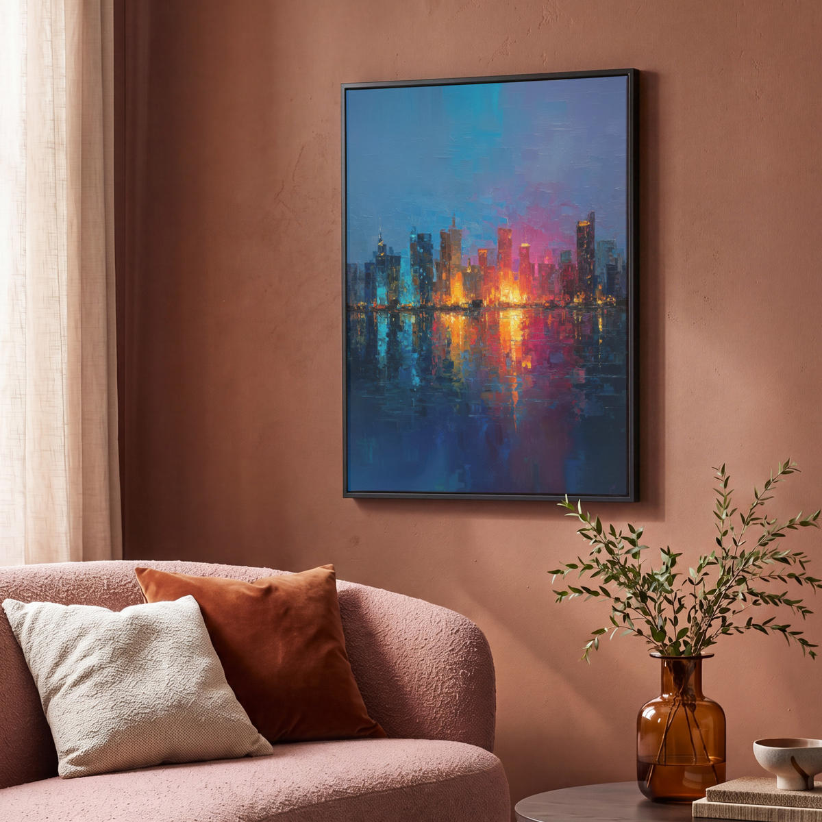 LEINWAND Bilder mit Rahmen - Skyline - Pinselstriche - Dunkelblau - Leuchtend - 70x100 - Blau, Textil (70/100cm) - MuchoWow