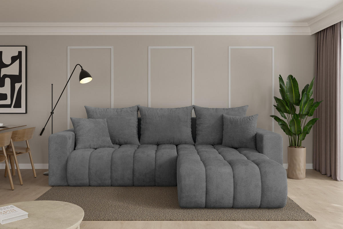 ROHOVÁ SEDAČKA s funkcí spaní, otoman vpravo MILA-L-v1 277x195x86 tmavě šedá manšestr - černá/tmavě šedá, kompozitní dřevo/textil (277/194cm) - ALTDECOR