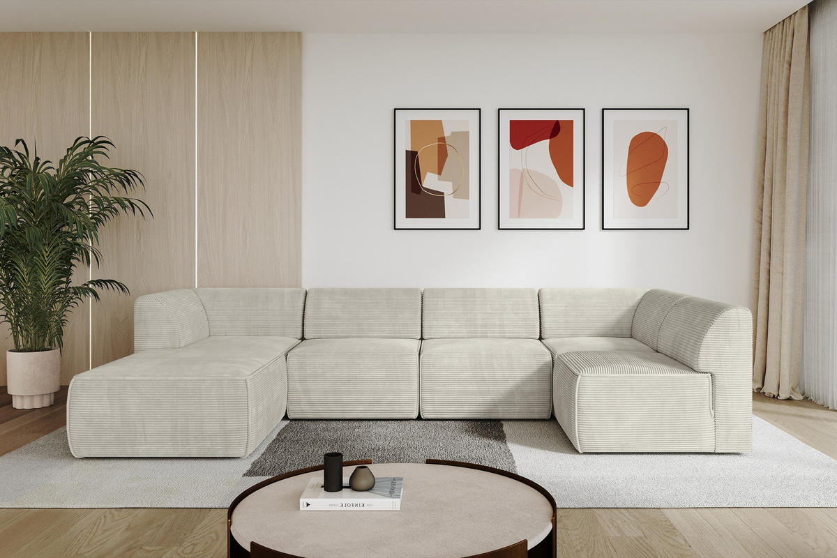 WOHNLANDSCHAFT Ottomane Links MOVA 345x180x78 Creme Cord - Creme/Schwarz, Holzwerkstoff/Kunststoff (180/78/345cm) - ALTDECOR