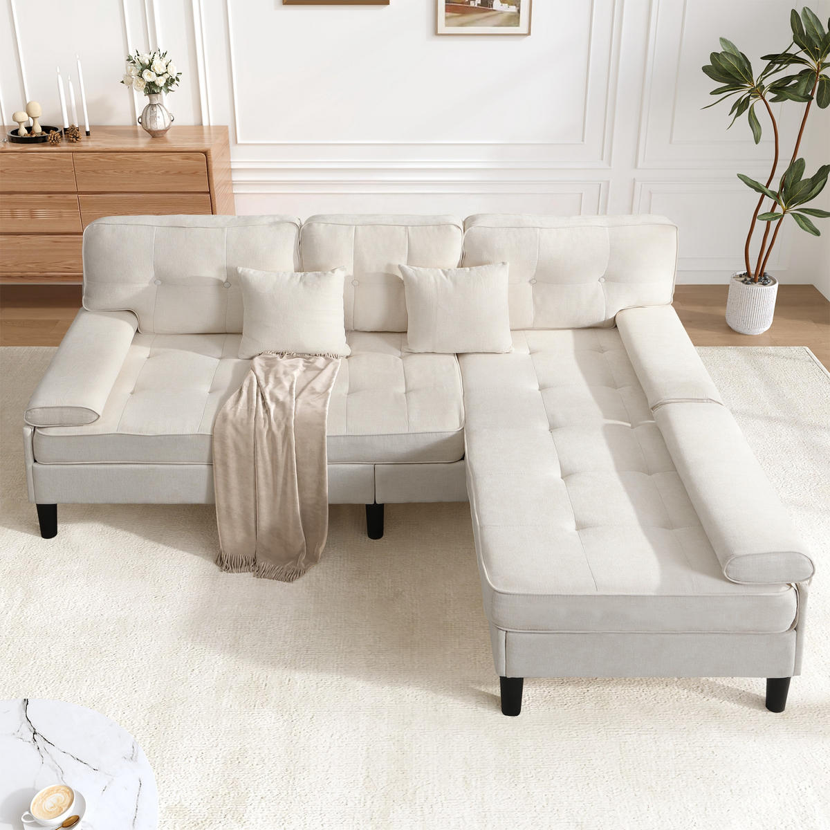ECKSOFA aus Chenille 195x149x86 cm in Hellbeige mit beweglicher Fußbank - Beige, Textil (149/86/195cm) - Modfu