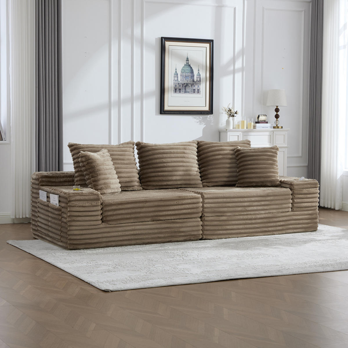SCHLAFSOFA 273/98/87 cm Khaki mit beidseitigen Taschen und Getränkehaltern - Sandfarben, Textil (107.48/34.25/38.58cm) - Oxeza