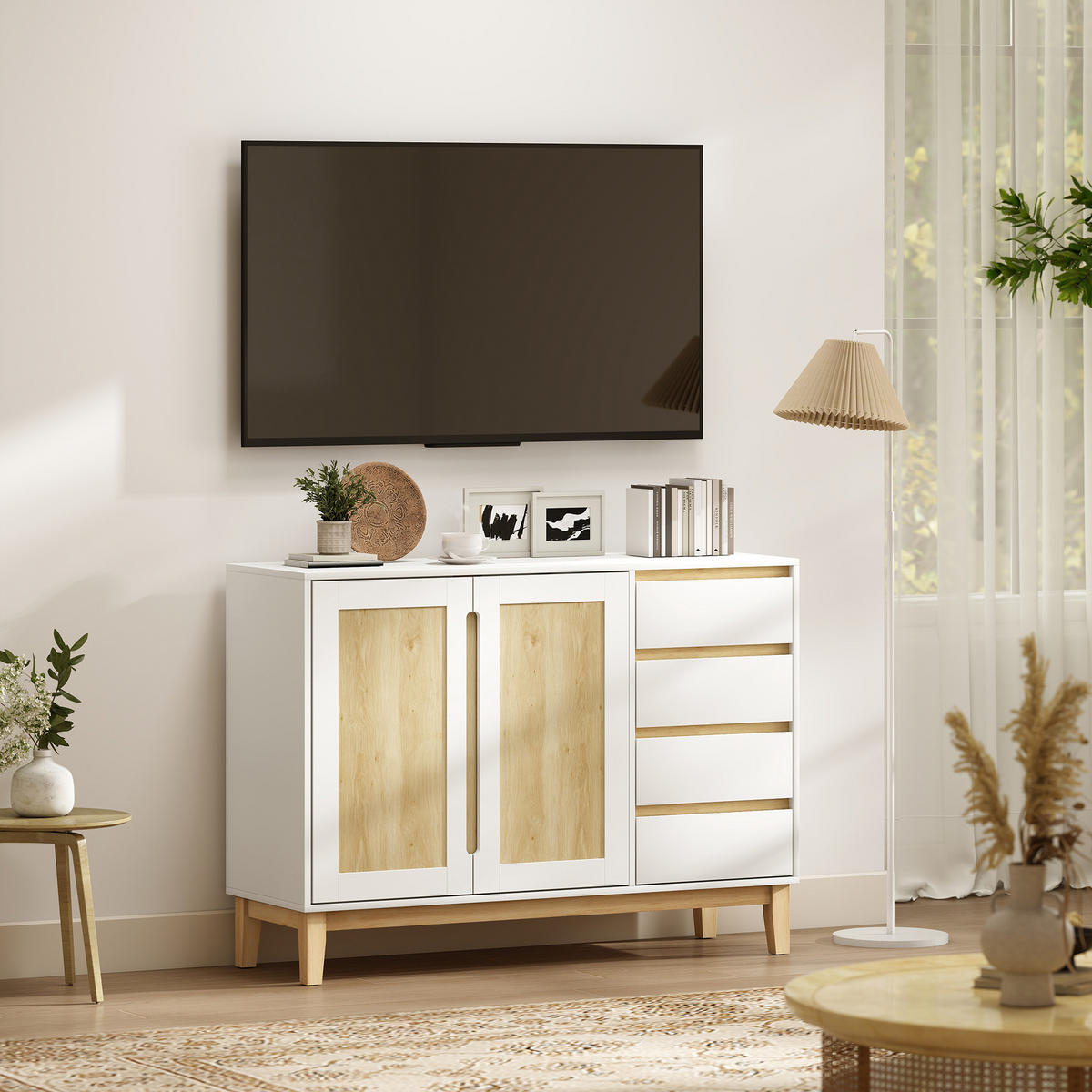 SIDEBOARD Weiß und Eichenfarben 120/40/86 cm - Weiß, Holzwerkstoff (120/86/40cm) - PANGIVO
