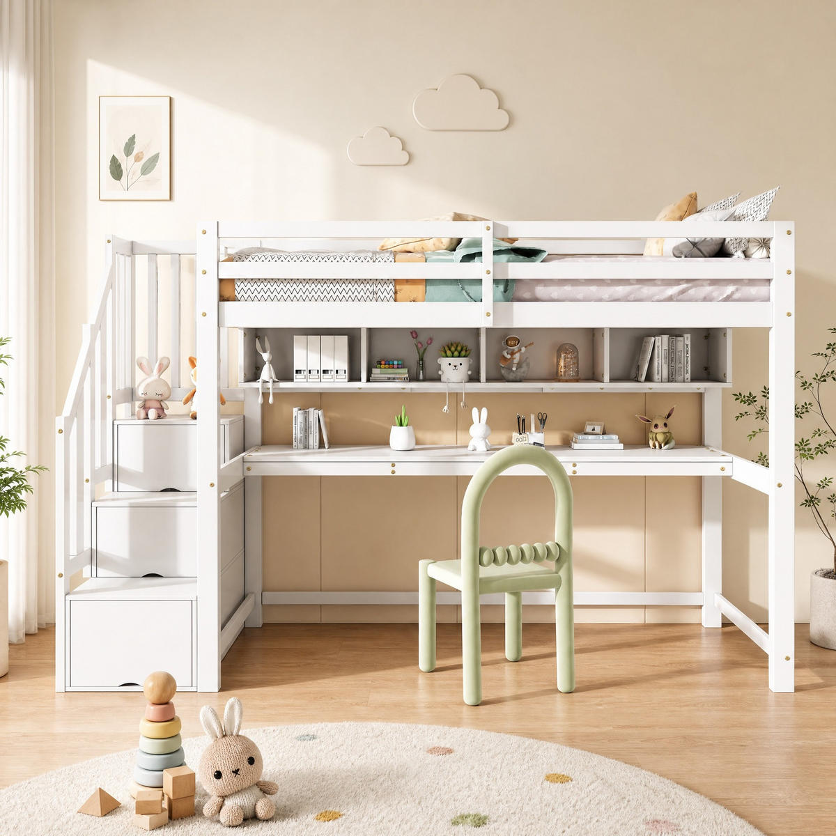 KINDERHOCHBETT mit Stauraumtreppe und Schreibtisch 90x200 cm Massivholz Weiß - Weiß, Holz (90/200cm) - Meubliv