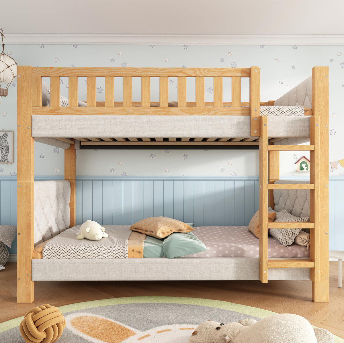 ETAGENBETT 90/200 cm aus Kautschukholz und MDF mit 4-Stufen-Treppe, Absturzsicherung und Schwammkante, Grau/Natur - Grau, Holz (90/200cm) - Redom