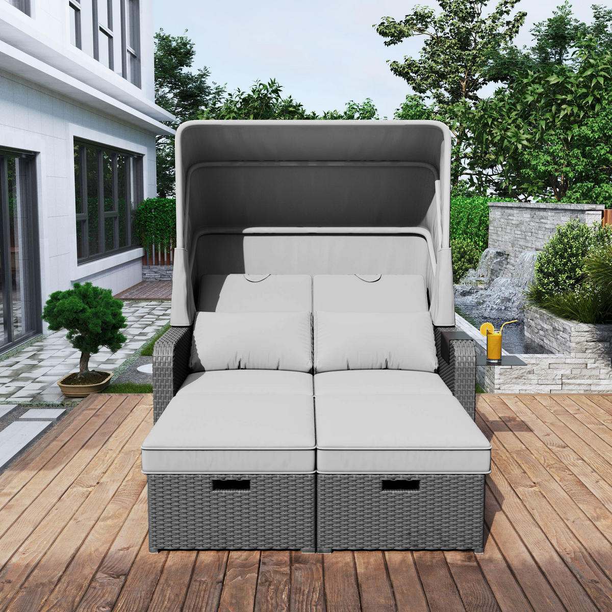 GARTENSOFA 2 Personen Grau Mit Abnehmbarer Markise - Grau, Kunststoff (72.5/37/83cm) - FLIEKS