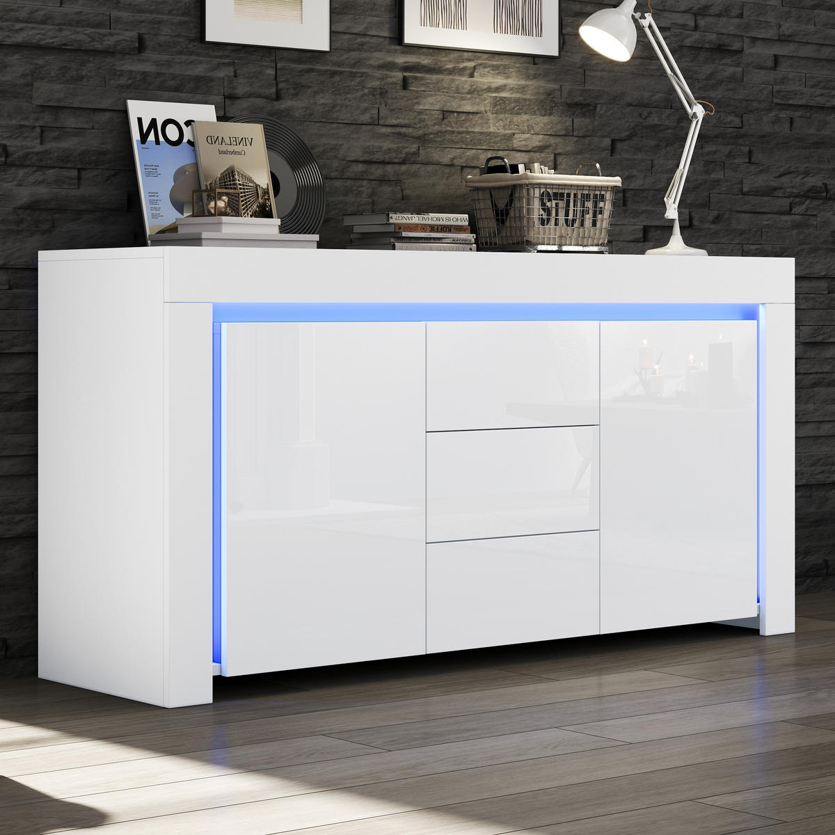 SIDEBOARD 140/40/65 cm in Weiß Hochglanz mit 2 Türen, 3 Schubladen & LED - Weiß, Holzwerkstoff (140/65/40cm) - BEAOK