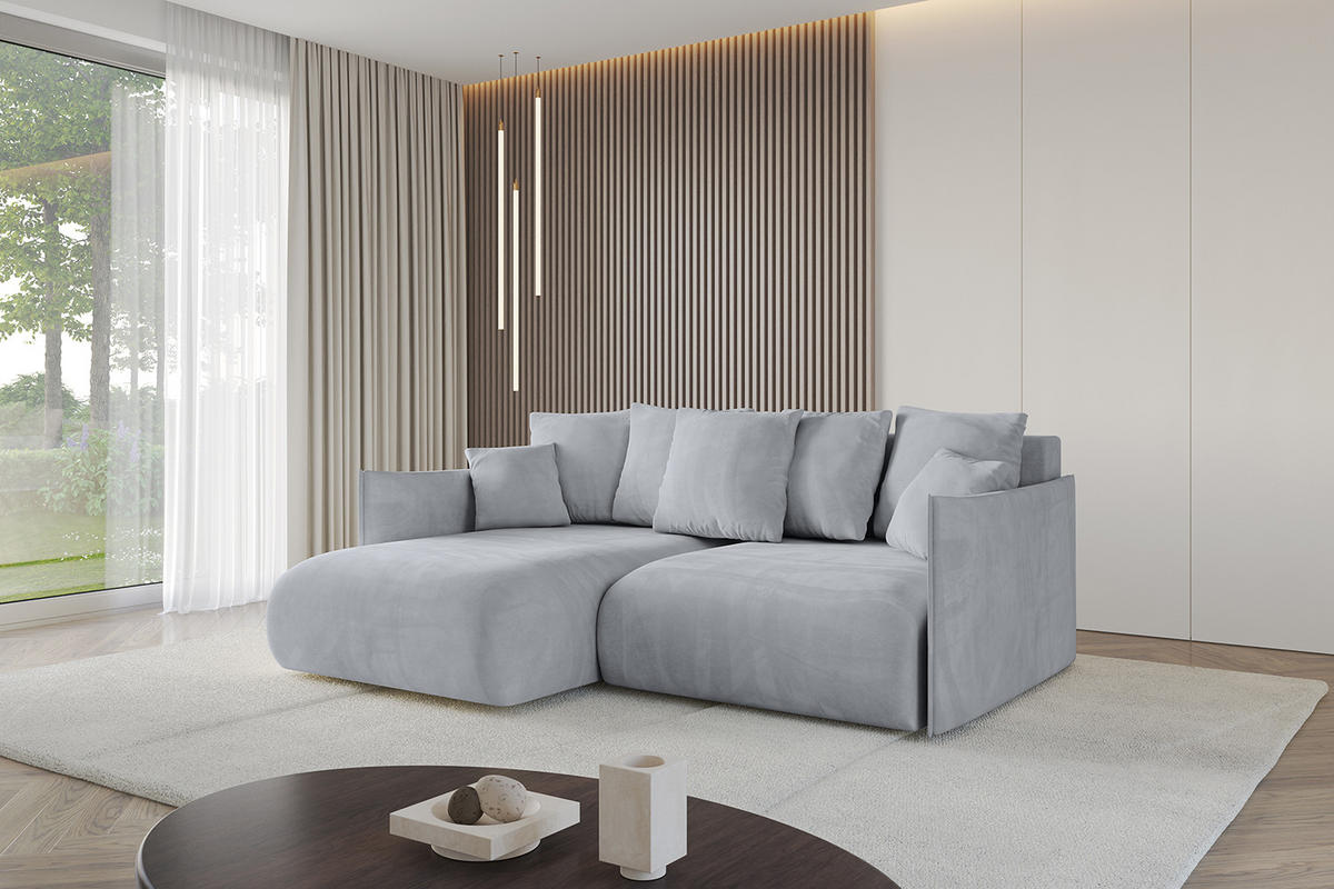 ECKSOFA mit Schlaffunktion und Bettkasten ONESK-L 208x165x40 Hellgrau Velours - Hellgrau, Holzwerkstoff/Kunststoff (208/165cm) - ALTDECOR