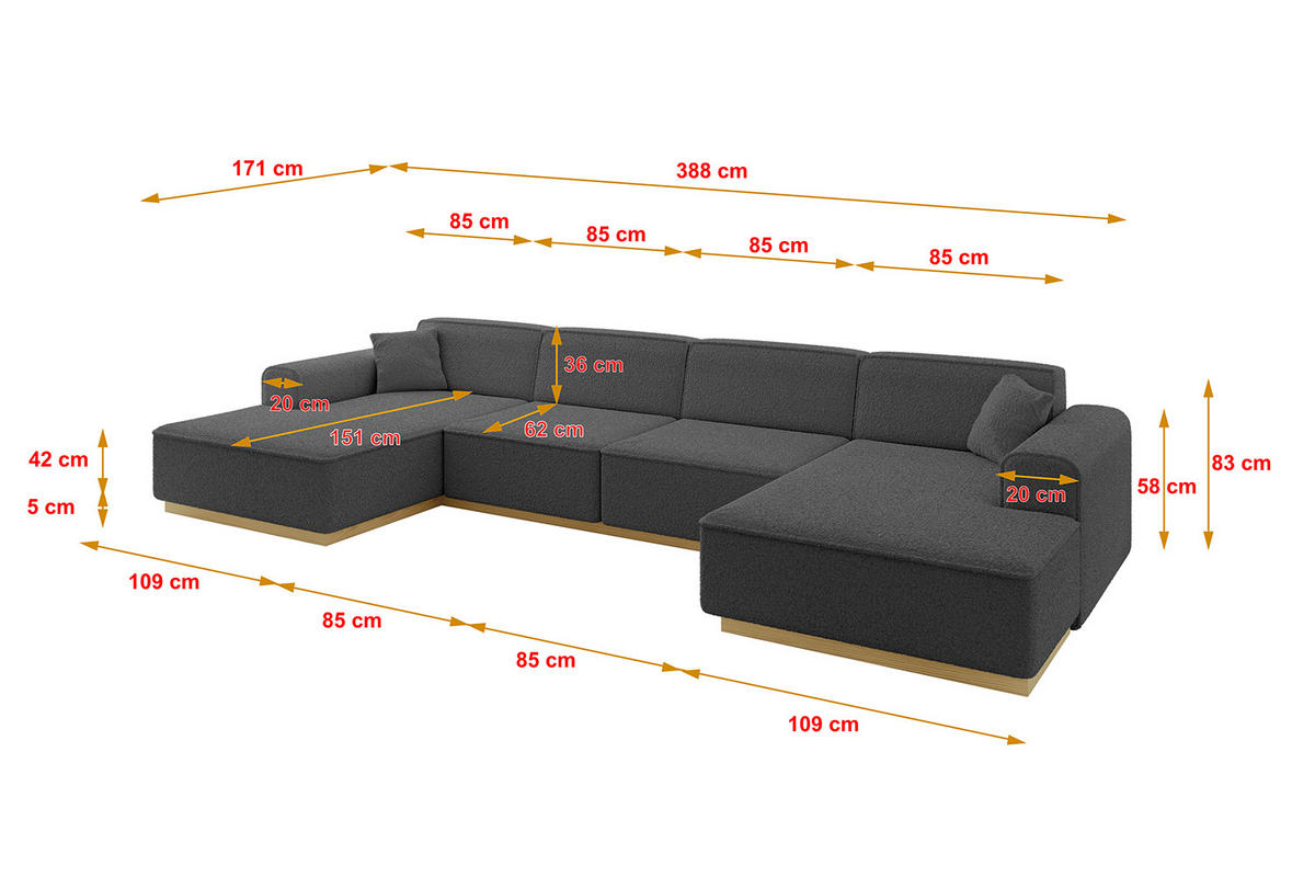 WOHNLANDSCHAFT IREA-U2-v2 - 388x171x83 cm Grau - Olivgrün, Holzwerkstoff/Textil (388/83/171cm) - ALTDECOR