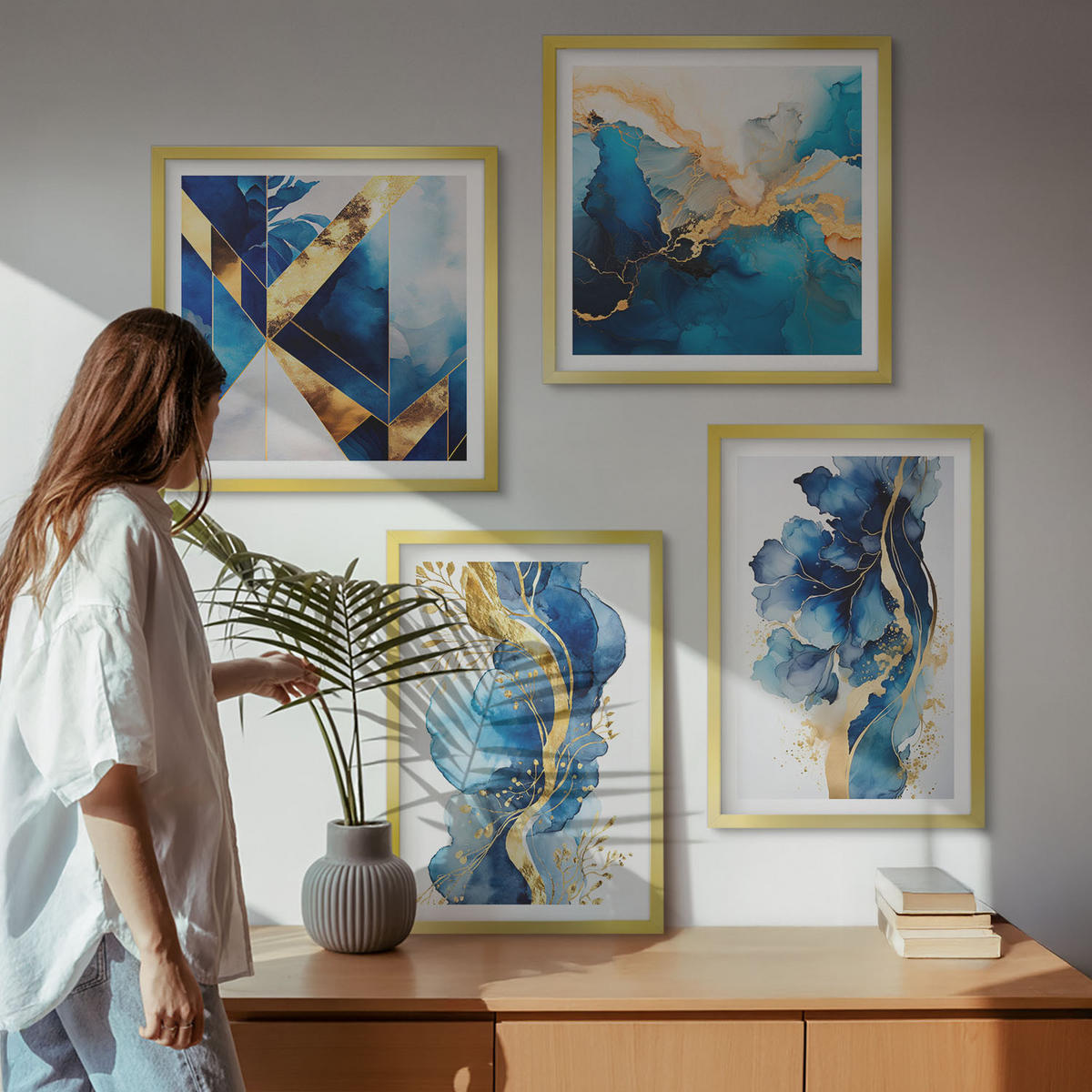 BILDER SET 4er Set - 50x50 cm & 40x60 cm Goldrahmen - Blaue abstrakte Muster - Goldfarben, Kunststoff (50/50cm) - TULUP