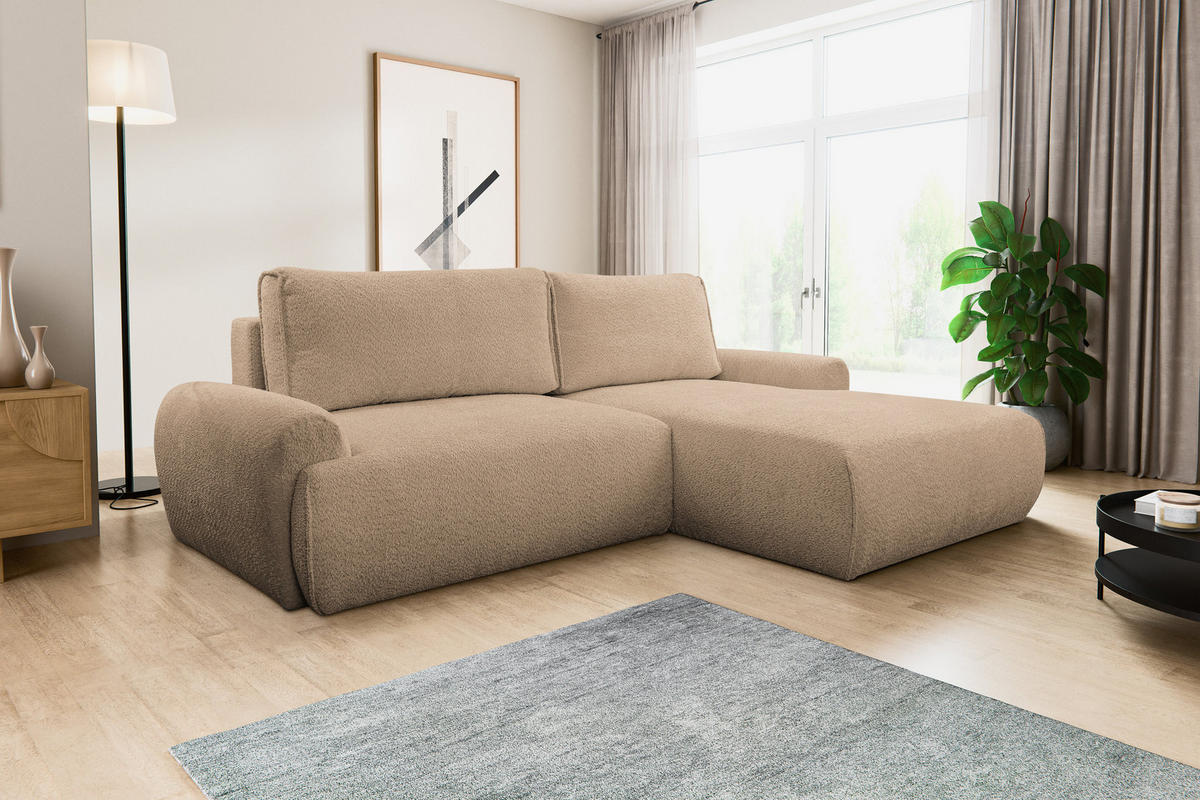 ECKSOFA Moon in L-Form mit Schlaffunktion und Bettkasten, Farbe: Braun, Bouclé-Stoff, Ottomane Rechts - Braun, Textil (260/136cm) - VENASI MÖBEL