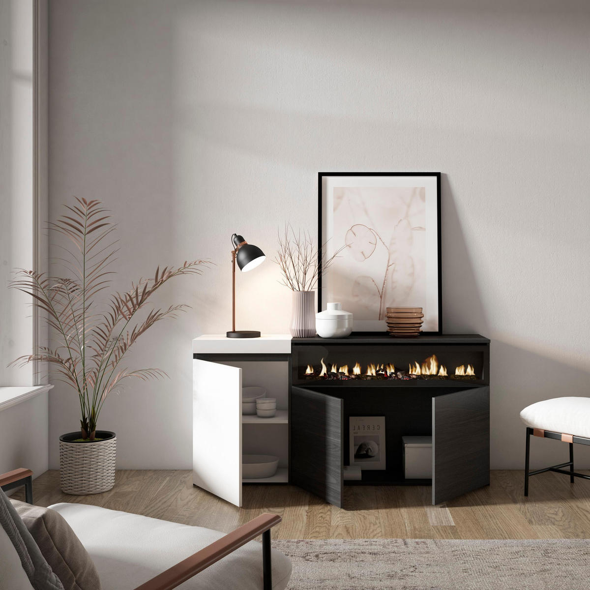 SIDEBOARD Elektrokamin, weiß und schwarz, 150/35/75cm - Multicolor, Holzwerkstoff (150/75/35cm) - Skraut Home