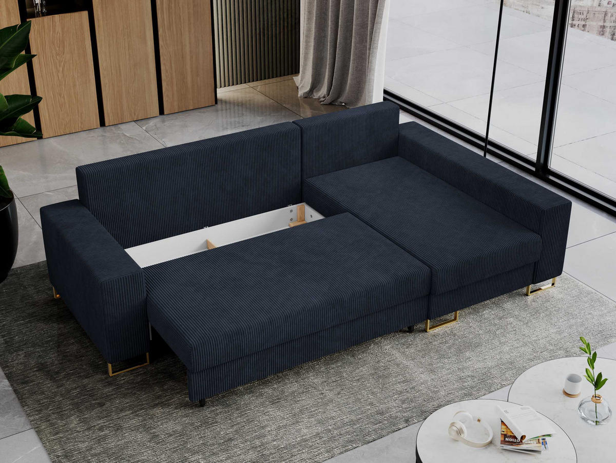 ECKSOFA Dorian Cord Dunkelblau - Goldfarben/Dunkelblau, Textil/Metall (242/138cm) - MKS