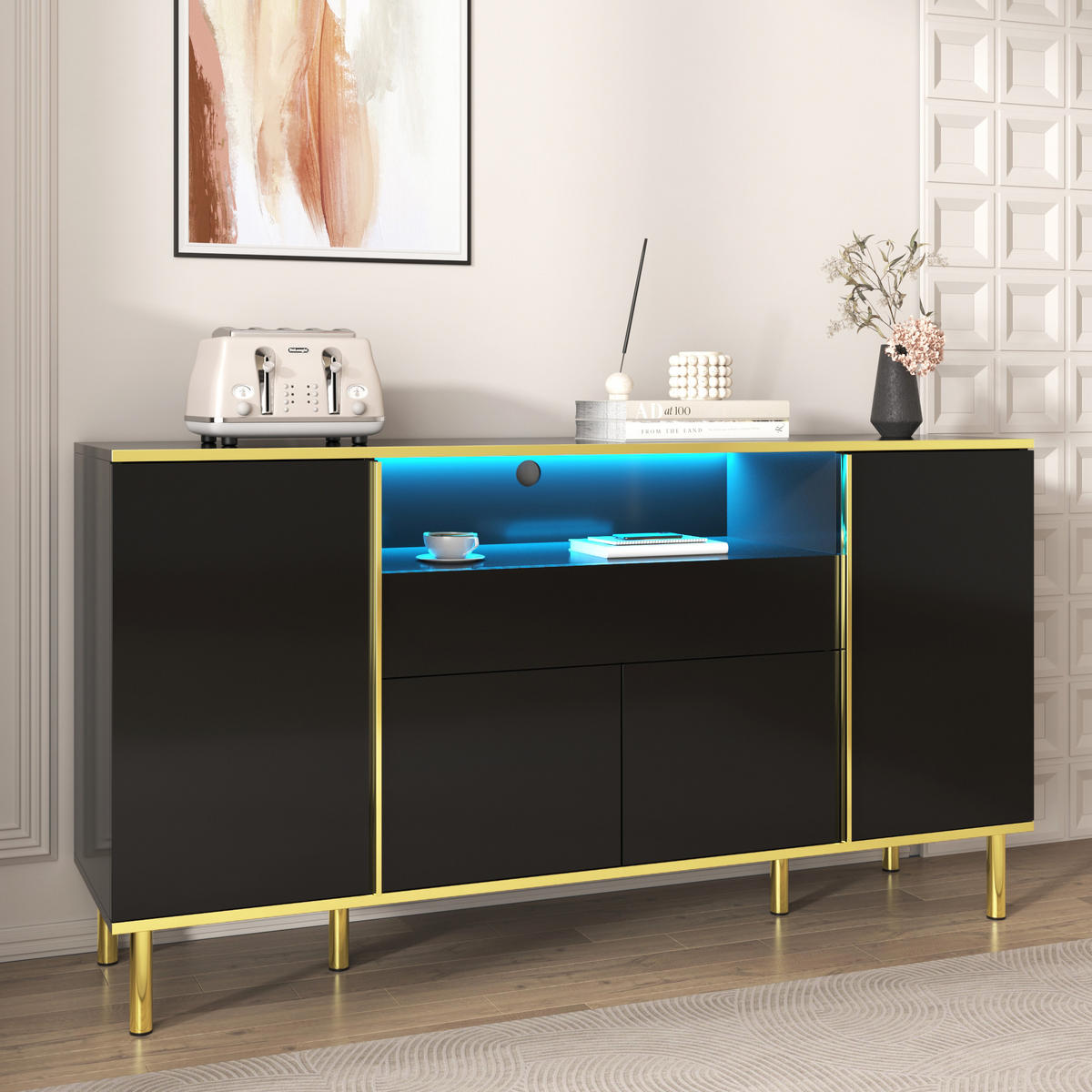 SIDEBOARD in Schwarz Kommode mit Schublade und Stauraum für Wohnzimmer und Schlafzimmer, B150/T40/H80cm - Goldfarben/Schwarz, Holzwerkstoff/Metall (150/80/40cm) - STILVORA