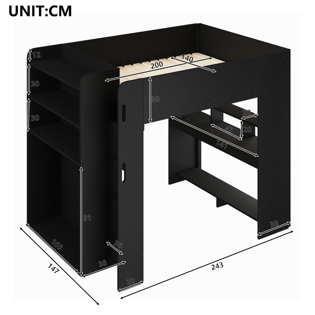 HOCHBETT aus MDF und Sperrholz 140x200 cm Schwarz mit Schreibtisch, Kleiderschrank und LED-Beleuchtung - Schwarz, Holzwerkstoff (140/200cm) - Modfu