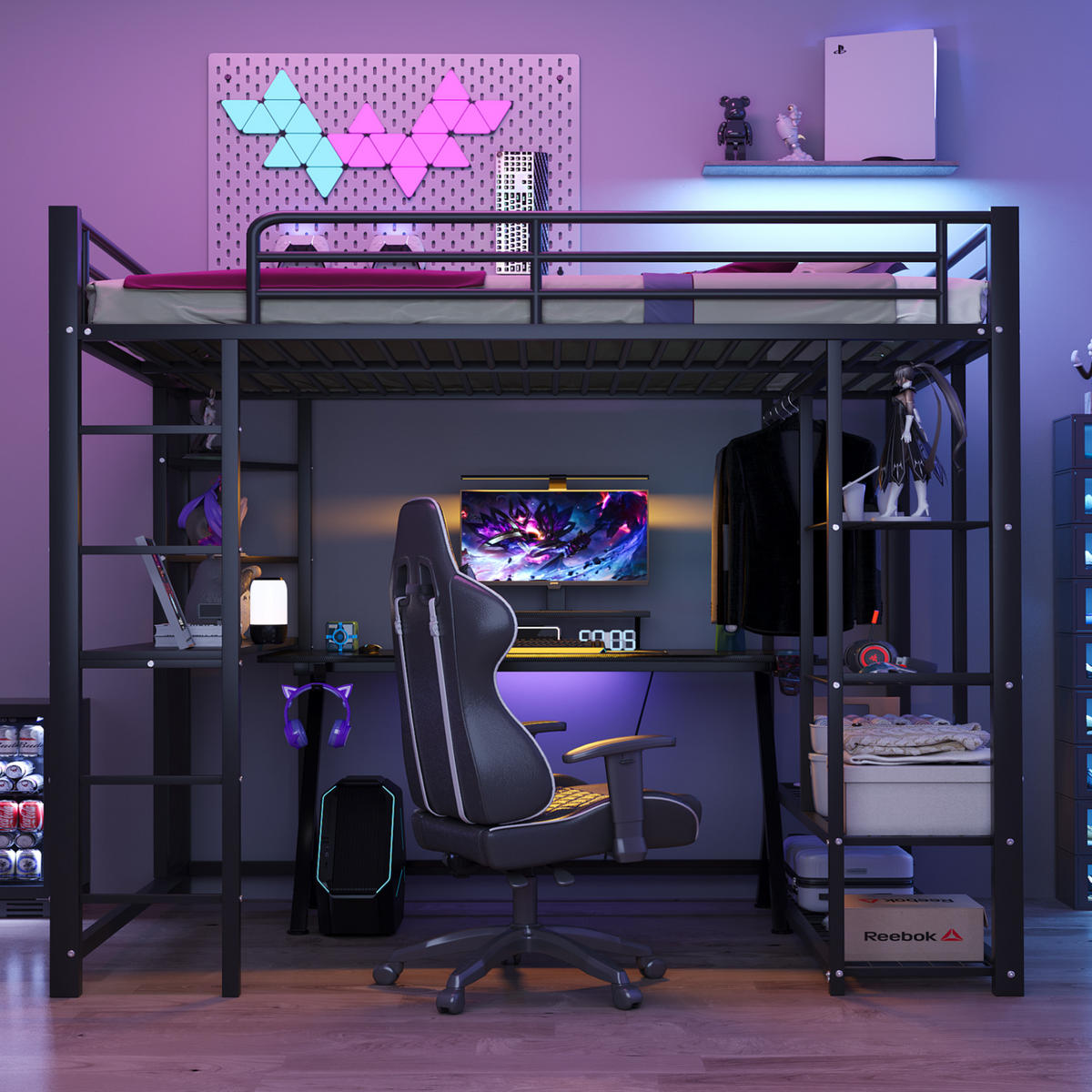 HOCHBETT 140/200 cm schwarz aus Metall mit Schreibtisch und Kleiderstange - Schwarz, Metall (140/200cm) - OKWISH