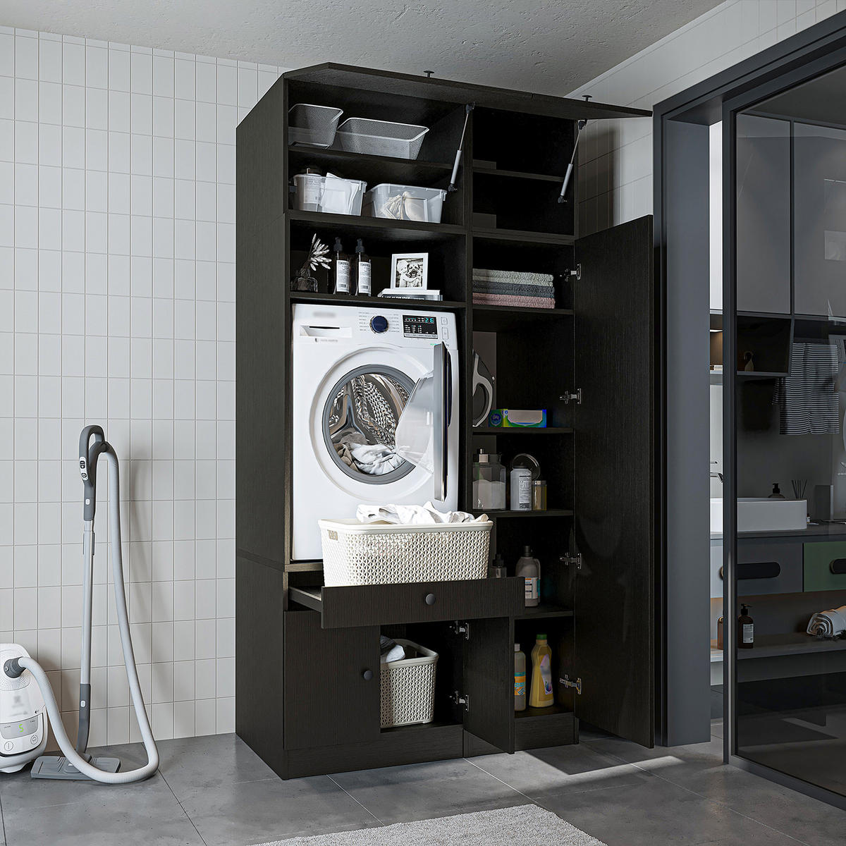 WASCHMASCHINENSCHRANK Serie 1 112cm Breit, 230cm Hoch - Schwarz, Holzwerkstoff (112/230/67cm)