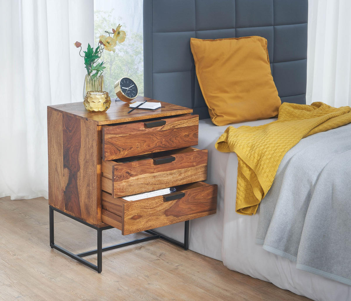 NACHTTISCH – Massivholz/Eisen, 50x40x65 cm, 3 Schubladen, Industrial-Stil - Schwarz/Braun, Holz/Metall (50/65/40cm) - KADIMA DESIGN