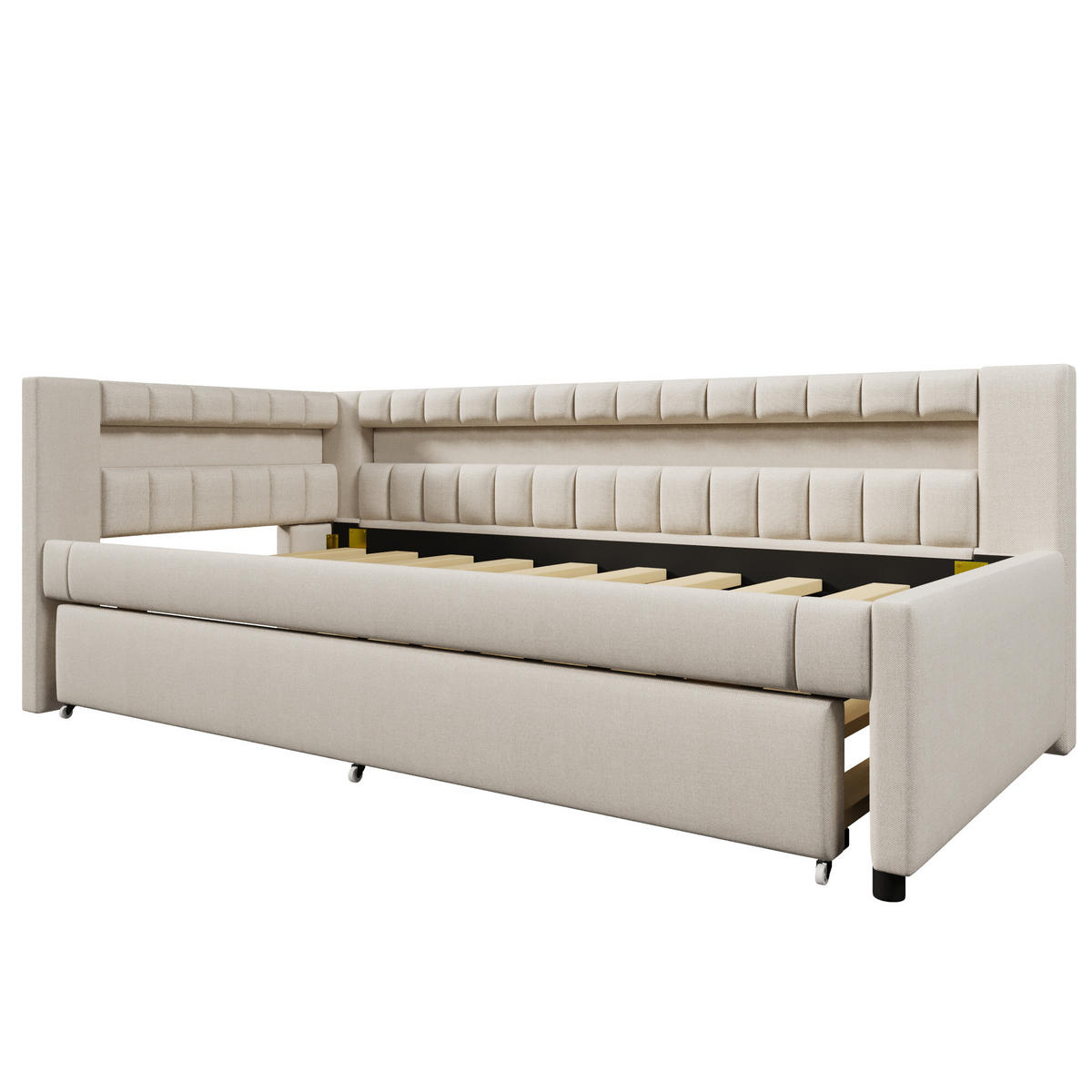 POLSTERBETT mit LED-Beleuchtung 90/200 cm mit Ausziehbett und USB/Type-C - Beige, Textil (90/200cm) - BEAOK