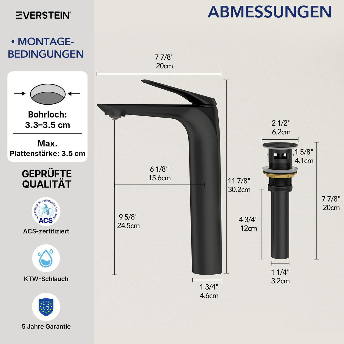 WASCHTISCHARMATUR Schwarz Matt, Hoch, Aufsatzwaschbecken, Einhebelmischer, Softline - Schwarz, Metall (4.6/30.2/20cm) - Everstein