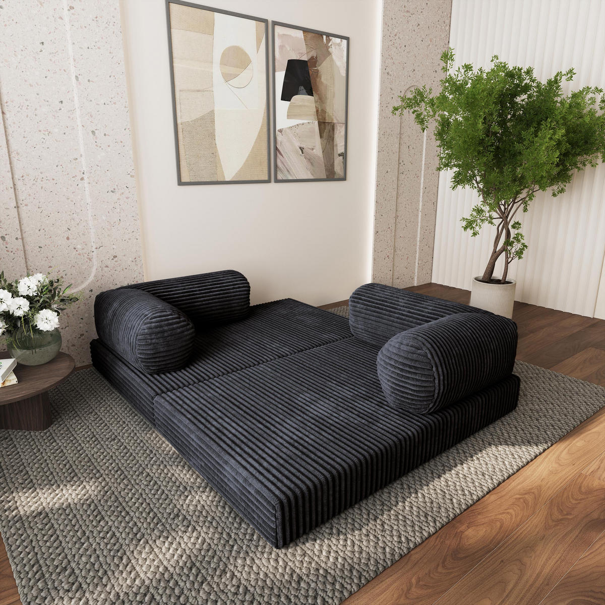 ECKSOFA ETERA modulares Boneless Sofa mit Schlaffunktion Schwarz Cordstoff - Schwarz, Textil (270/160cm) - MASSENO